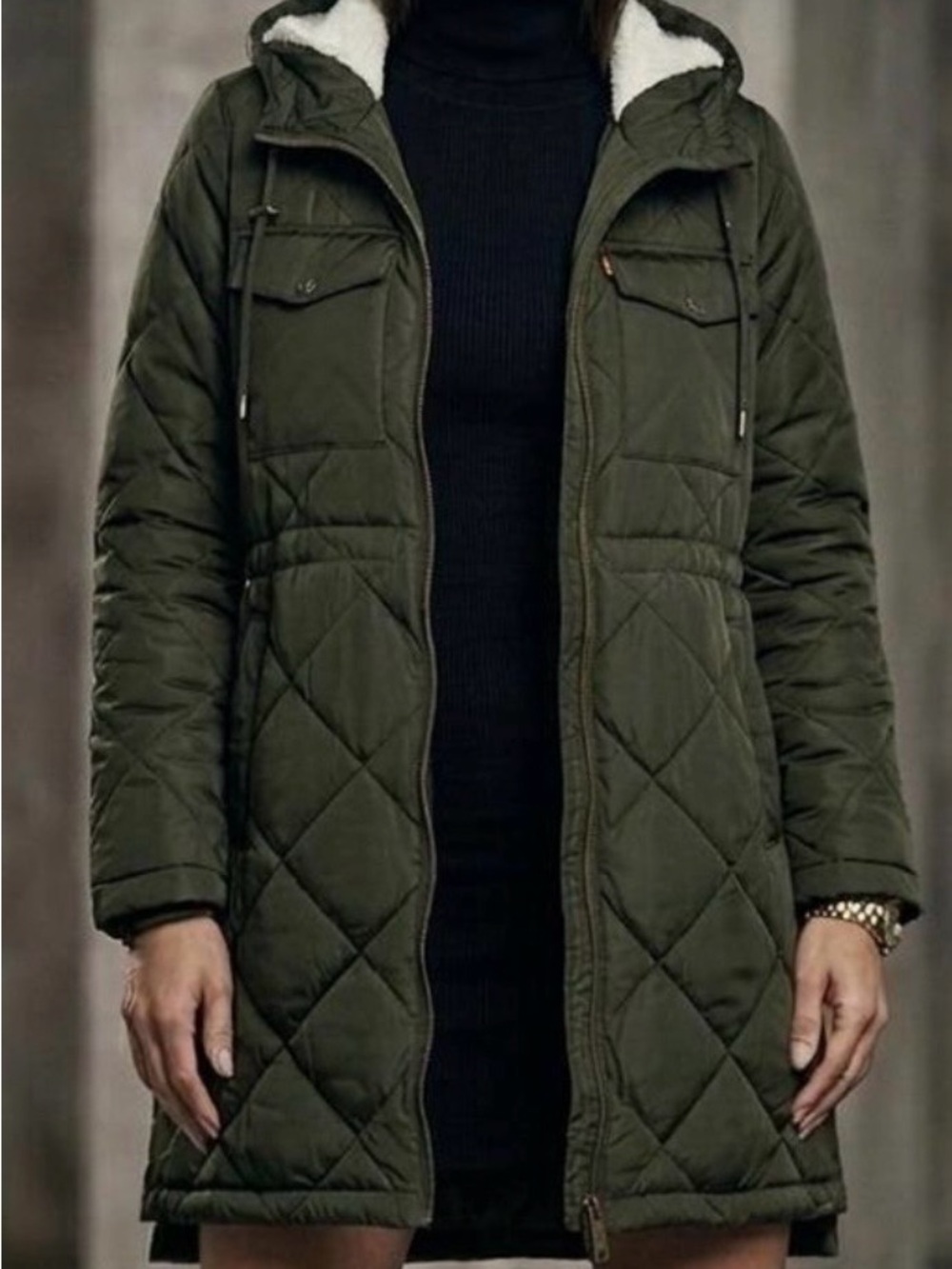Levi's Olive Green Quilted Hooded Puffer Coat with Sherpa Lining